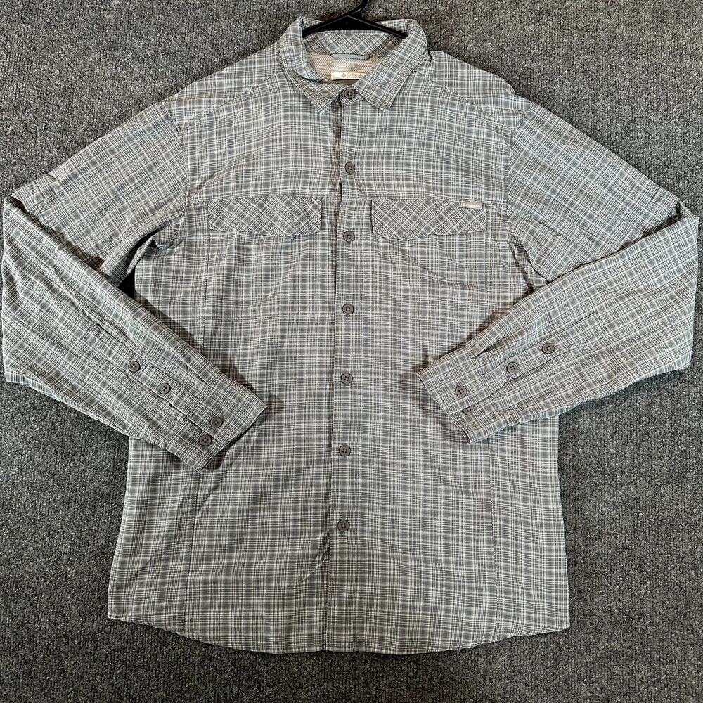 Columbia Silver Ridge Mens M Gray Plaid Long Sleeve Hiking Shirt Omni Wick UPF